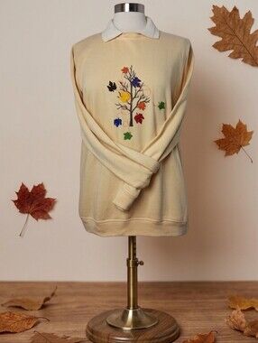 Blair Fall Vintage Cream Collared Embroidered Leaf Tree Pullover Sweatshirt